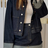Damen-Denim-Set – Cropped Jeansjacke & High-Waist Minirock mit Umschlag