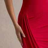 Drapiertes Midikleid – Figurbetontes Abendkleid mit Stehkragen & Cape-Detail