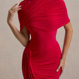 Drapiertes Midikleid – Figurbetontes Abendkleid mit Stehkragen & Cape-Detail