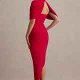 Drapiertes Midikleid – Figurbetontes Abendkleid mit Stehkragen & Cape-Detail