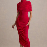 Drapiertes Midikleid – Figurbetontes Abendkleid mit Stehkragen & Cape-Detail