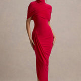 Drapiertes Midikleid – Figurbetontes Abendkleid mit Stehkragen & Cape-Detail