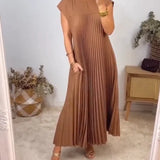Elegantes Plisseekleid in Beige – Ärmelloses A-Linien Midikleid mit Struktur & Taschen
