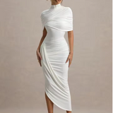 Drapiertes Midikleid – Figurbetontes Abendkleid mit Stehkragen & Cape-Detail