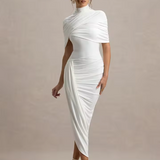 Drapiertes Midikleid – Figurbetontes Abendkleid mit Stehkragen & Cape-Detail