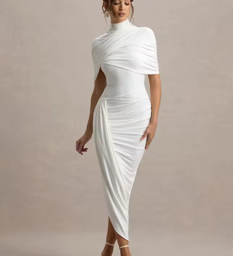 Drapiertes Midikleid – Figurbetontes Abendkleid mit Stehkragen & Cape-Detail