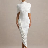 Drapiertes Midikleid – Figurbetontes Abendkleid mit Stehkragen & Cape-Detail
