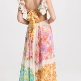 Maxikleid mit Blumenmuster, V-Ausschnitt und Rüschen-Trägern für Damen