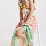 Maxikleid mit Blumenmuster, V-Ausschnitt und Rüschen-Trägern für Damen