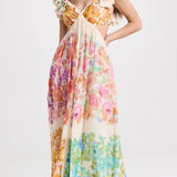 Maxikleid mit Blumenmuster, V-Ausschnitt und Rüschen-Trägern für Damen